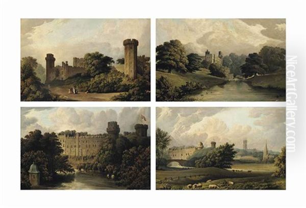 Warwick Castle Viewed From Four Perspectives (a Set Of Four) Oil Painting by Richard Bankes Harraden