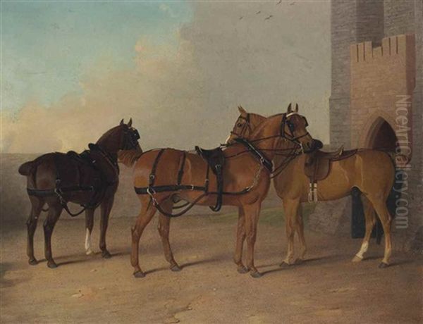 Deux Chevaux D'attelage Et Un Hunter Harnaches Devant Un Chateau by Robert Harrington