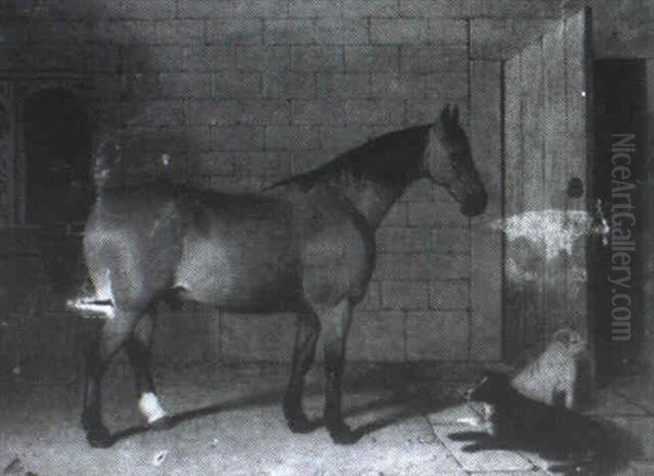 A Bay Horse With Two Dogs In A Yard Oil Painting by Robert Harrington