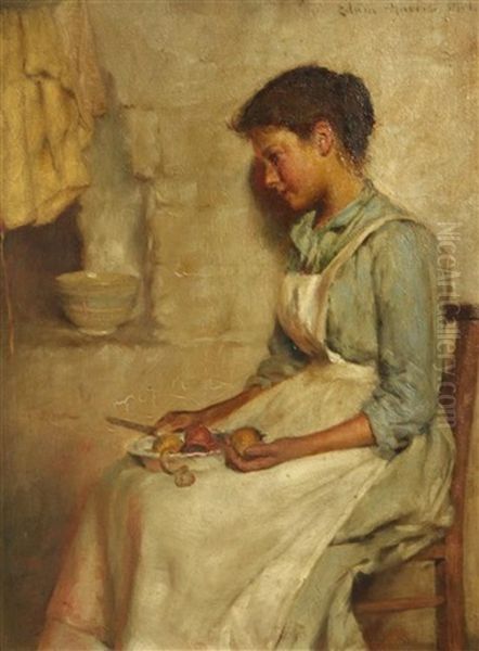 Interior With Woman Peeling Vegetables Oil Painting by Edwin Harris