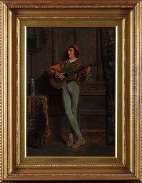 A Love Song - A Minstrel In A Panelled Interior Oil Painting by Edwin Harris