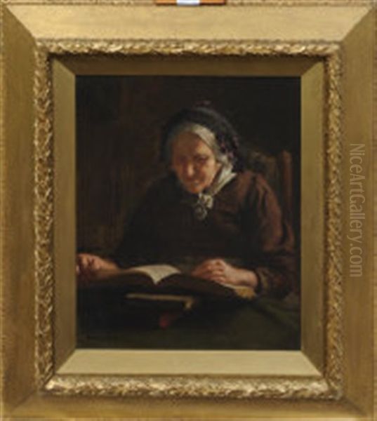 An Old Lady Reading Oil Painting by Edwin Harris