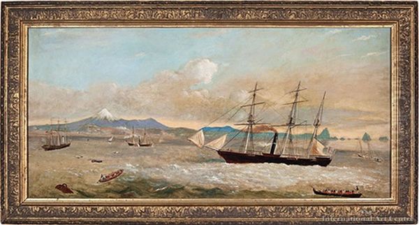 New Plymouth Under Siege - Troops Being Ferried Ashore, New Plymouth Oil Painting by Edwin Harris