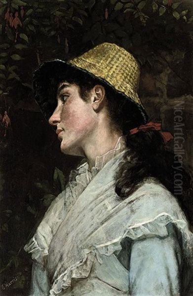 Portrait Of A Girl In A Pale Blue Dress With A Chiffon Shawl, Wearing A Straw Hat Oil Painting by Edwin Harris