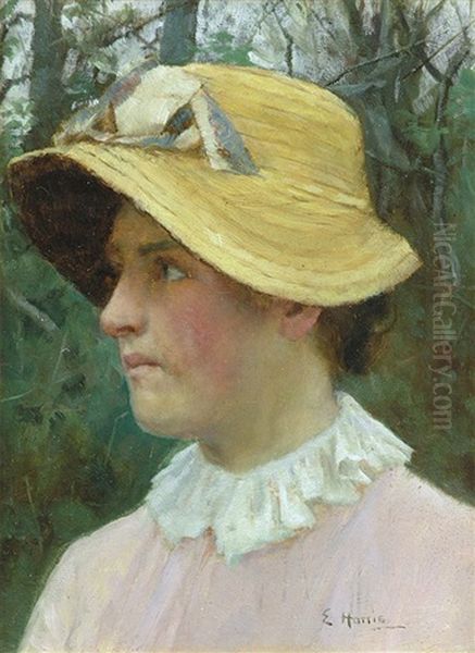 Head Of A Young Woman Wearing A Straw Bonnet Oil Painting by Edwin Harris