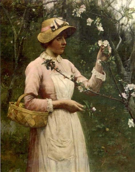 Girl Picking Flowers Oil Painting by Edwin Harris