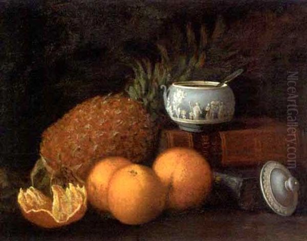 Still Life Of A Pineapple, Wedgwood Pot And Oranges, With Books To The Side Oil Painting by George F. Harris