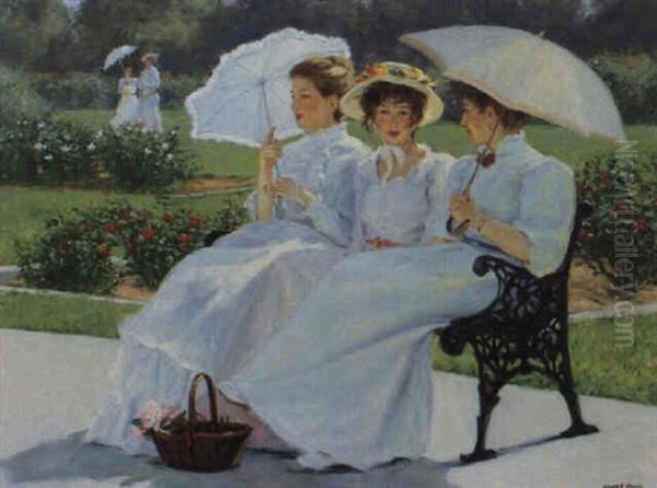 Three Women In A Garden Oil Painting by George F. Harris