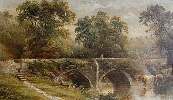 Landscape Depicting Cows In A Stream With Fisherman And Figure Crossing A Bridge Oil Painting by Henry Harris