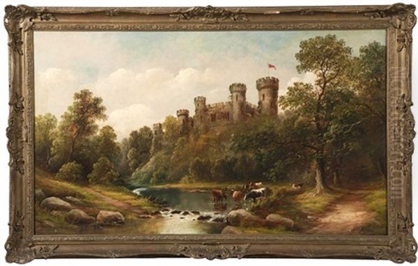 Cattle Watering In A River With Large Castle Beyond Oil Painting by Henry Hotham Harris