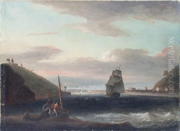 Fisherfolk On The Foreshore With Shipping In The Distance Oil Painting by James Harris