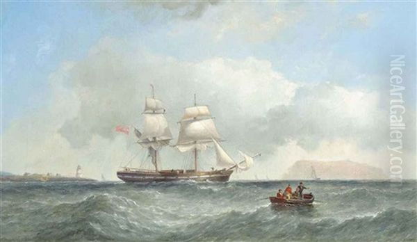 An English Brig Under Reduced Sail Off The Coast With An Island Off Her Port Bow Oil Painting by James Harris