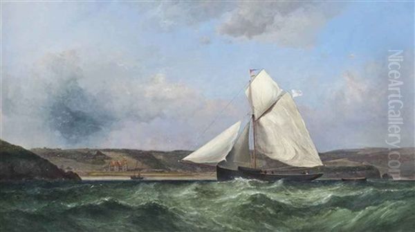 A Racing Cutter Sailing Inshore Off The Worm's Head, Wales; A Gaff-rigged Boat Off The Mumbles, Swansea, Wales... (2 Works) Oil Painting by James Harris