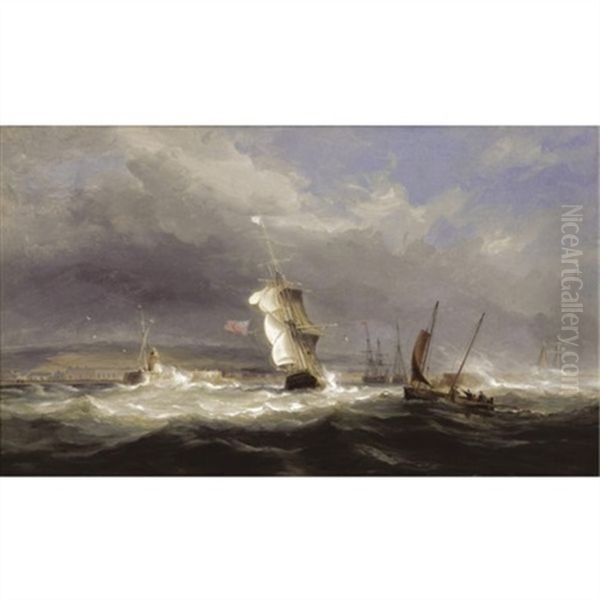 Shipping In A Squall Off Swansea Harbour Oil Painting by James Harris