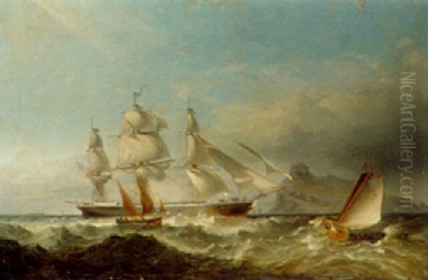 A Clipper Ship Off The Mumbles Lighthouse, Swansea Oil Painting by James Harris