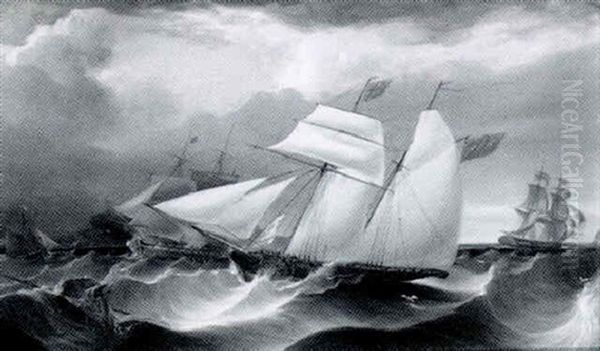 A British Schooner And Other Shipping In Rough Seas Oil Painting by James Harris