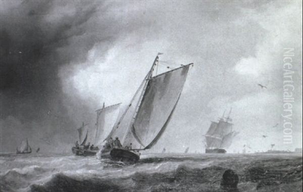 Sailing Boats In Stormy Seas Oil Painting by James Harris