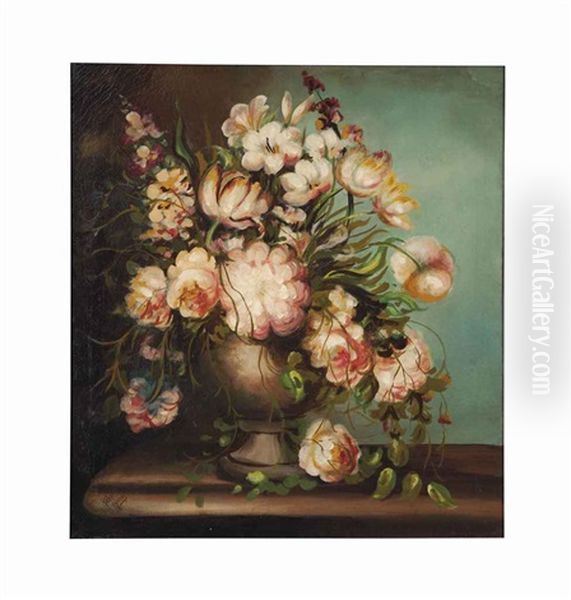 Still Life With Peonies In A Vase On A Stone Ledge Oil Painting by Robert Harris