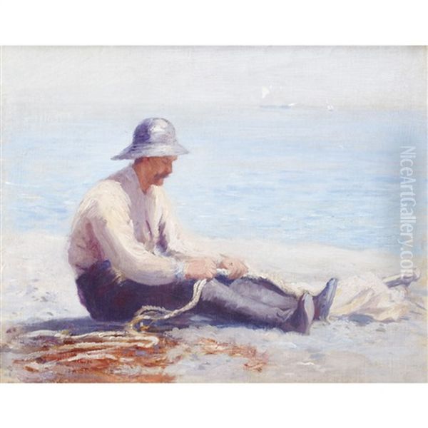 Perce Fisherman Mending His Nets Oil Painting by Robert Harris