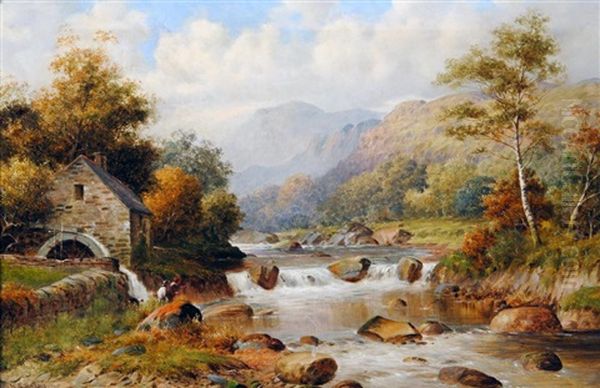 River Scene With Watermill And Fisherman In The Foreground Oil Painting by William E. Harris