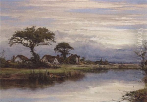 Flodlandskab Med Huse Og Maende I En Bad Oil Painting by William E. Harris