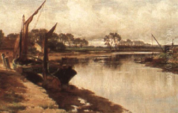 A Sailing Barge By A Creek At Low Tide Oil Painting by William E. Harris