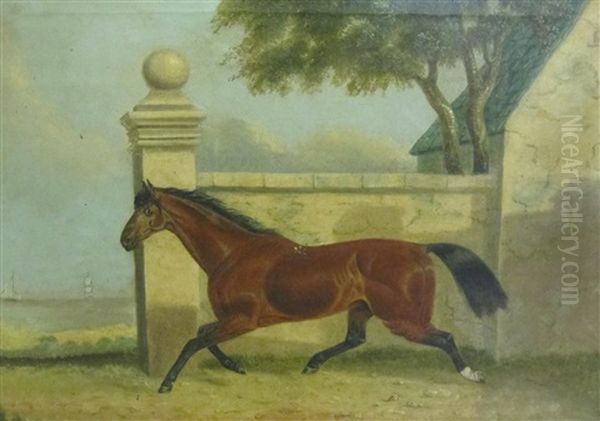 A Horse By A Pillared Wall, A Coastal View Beyond; And A Mare And Foal, In A Field By A Coast Oil Painting by John Harrison