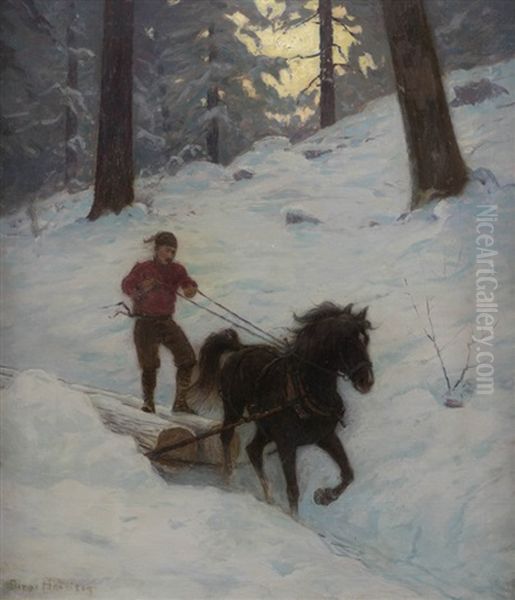 Woodsman Hauling Logs Behind A Horse Oil Painting by Lovell Birge Harrison