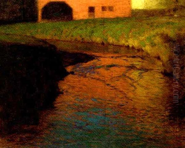 Red Barn By A Stream Oil Painting by Lovell Birge Harrison