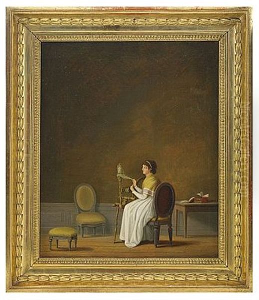 Gustaviansk Interior Med Spinnande Kvinna Oil Painting by Jonas Magnus Haerstedt