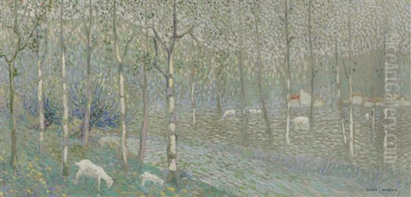 Sheep Grazing Amongst Silver Birches Oil Painting by Ferdinand Hart Nibbrig