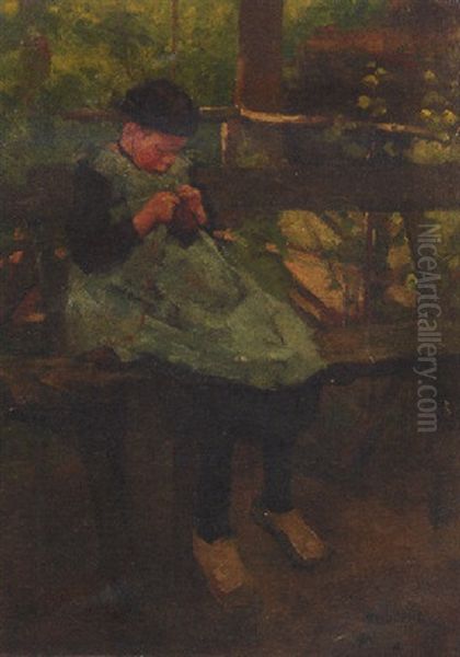 A Girl Knitting On A Bench In A Park Oil Painting by Ferdinand Hart Nibbrig