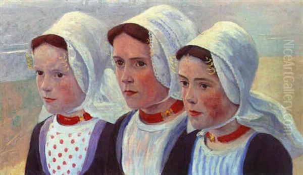 Three Girls From Zoutelande In Traditional Costume Oil Painting by Ferdinand Hart Nibbrig