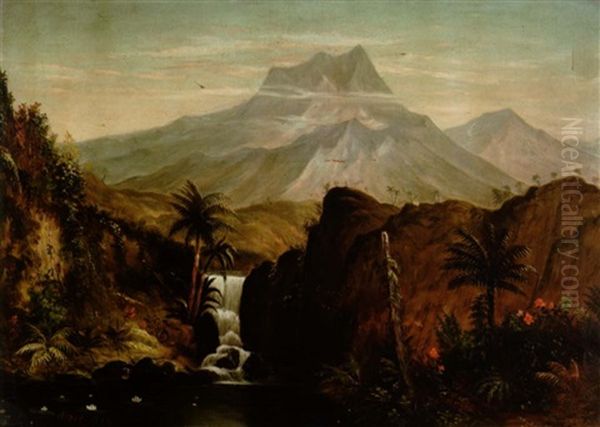 A Lush Tropical Landscape With A Waterfall And Mountains Beyond Oil Painting by Alfred A. Hart