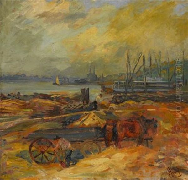 Wagon On The Riverbank Oil Painting by George Overbury Hart