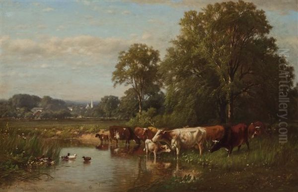 Cows And Ducks Along The River Oil Painting by James McDougal Hart