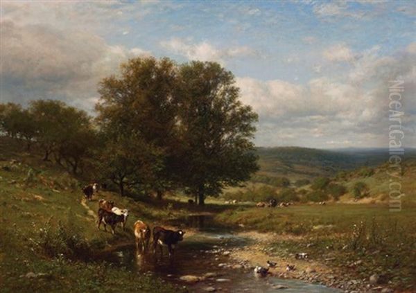 Cattle Fording A Stream Oil Painting by James McDougal Hart