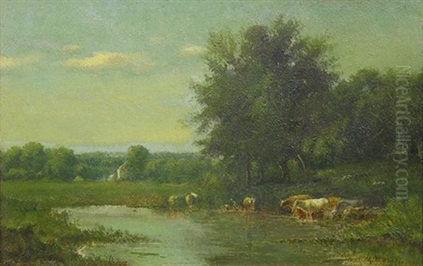 Landscape With Cattle Watering By The Farm Oil Painting by James McDougal Hart