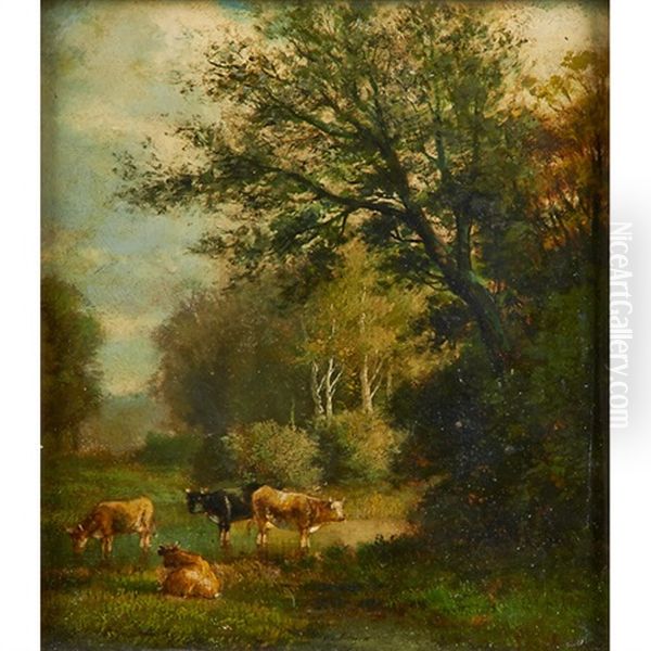 Laid To Board, Cows At Pasture - Catskill Mountains, New York Oil Painting by James McDougal Hart