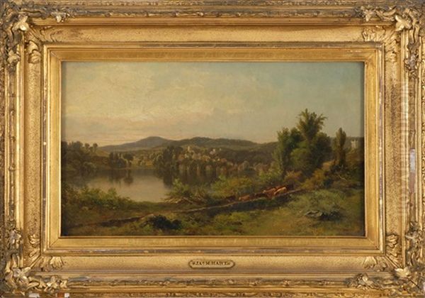 A River Landscape With Town And Distant Mountains Oil Painting by James McDougal Hart