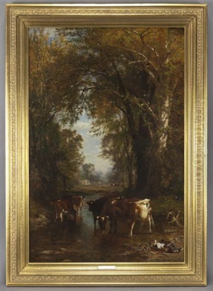 Wooded Landscape With Cattle Watering Oil Painting by James McDougal Hart