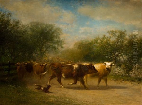 A Herd Of Cattle Along A Country Road Oil Painting by James McDougal Hart