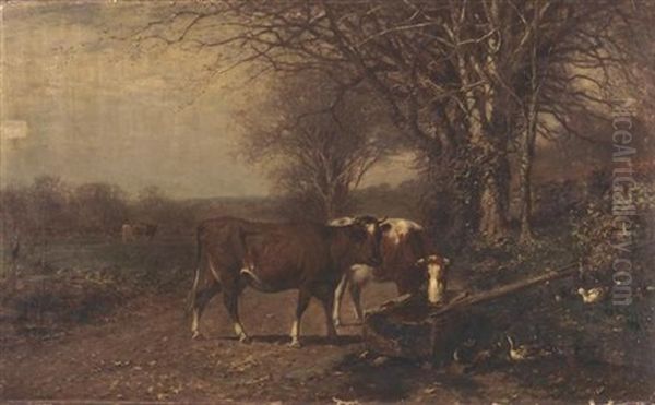 Cows At A Trough Oil Painting by James McDougal Hart