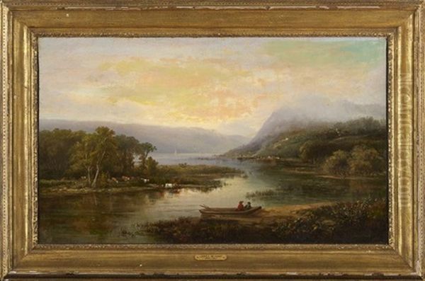 Hudson River Valley Landscape With Two Figures In A Boat Oil Painting by James McDougal Hart