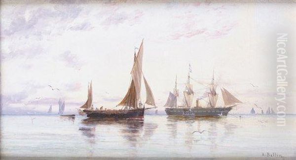 Bateau De Peche Et Navire De Guerre Oil Painting by Auguste Ballin