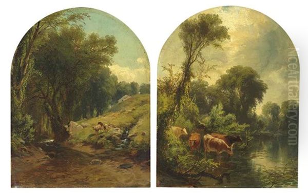 Sheep By A Stream (+ Cows Watering; Pair) Oil Painting by James McDougal Hart