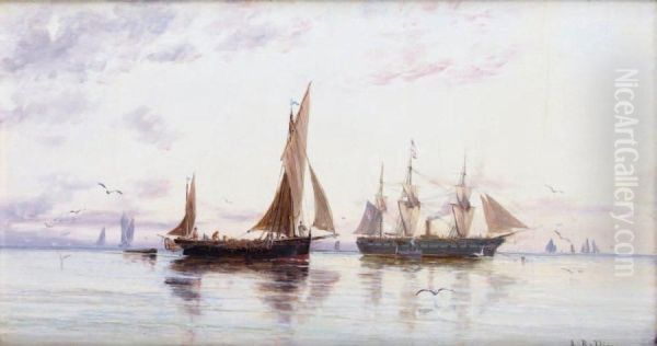 Bateau De Peche Et Trois Mats Pres Durivage Oil Painting by Auguste Ballin