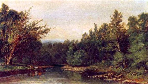 A River Landscape With Cattle Watering Oil Painting by James McDougal Hart