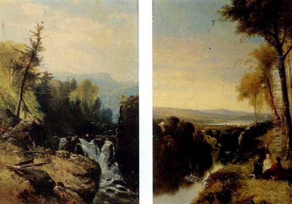 Cascade In The Mountains (+ Woman And Children On A Riverbank; Pair) Oil Painting by James McDougal Hart