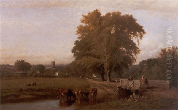 Cattle Watering Near A Bridge With Figures Oil Painting by James McDougal Hart